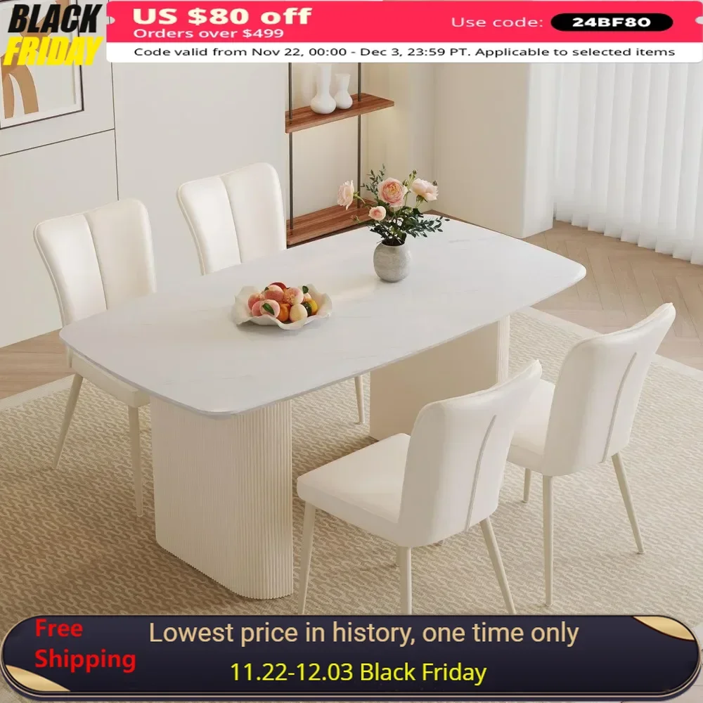 

Modern Dining Table Set for 4,Cream White Dining Tables Set for 4 with Unique Wave Design Tables Legs, 5 Piece Kitchen Table Set