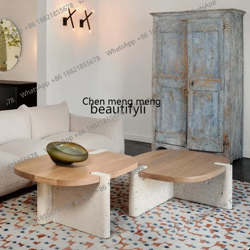 

ss7304 Sili Style Light Luxury Cave Stone Combined Tea Table Italian Minimalist Modern Solid Wood Coffee Table