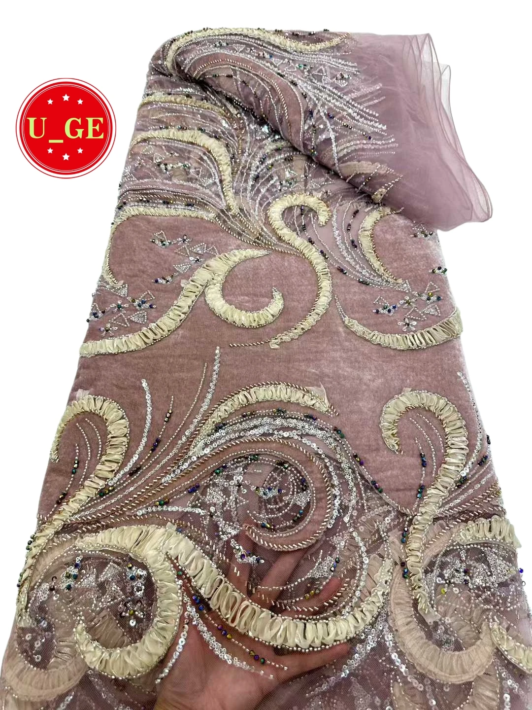 

2026Soft Embroidered Velvet Cotton Fabric with Stones for Wedding Evening Dress Delicate Sandwiched Design Best Quality U_Ge5898