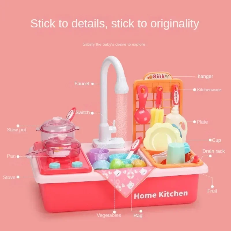 Kids Kitchen Sink Playset with Running Water, Interactive Pretend Dishwasher Toy, Gift for Boys & Girls