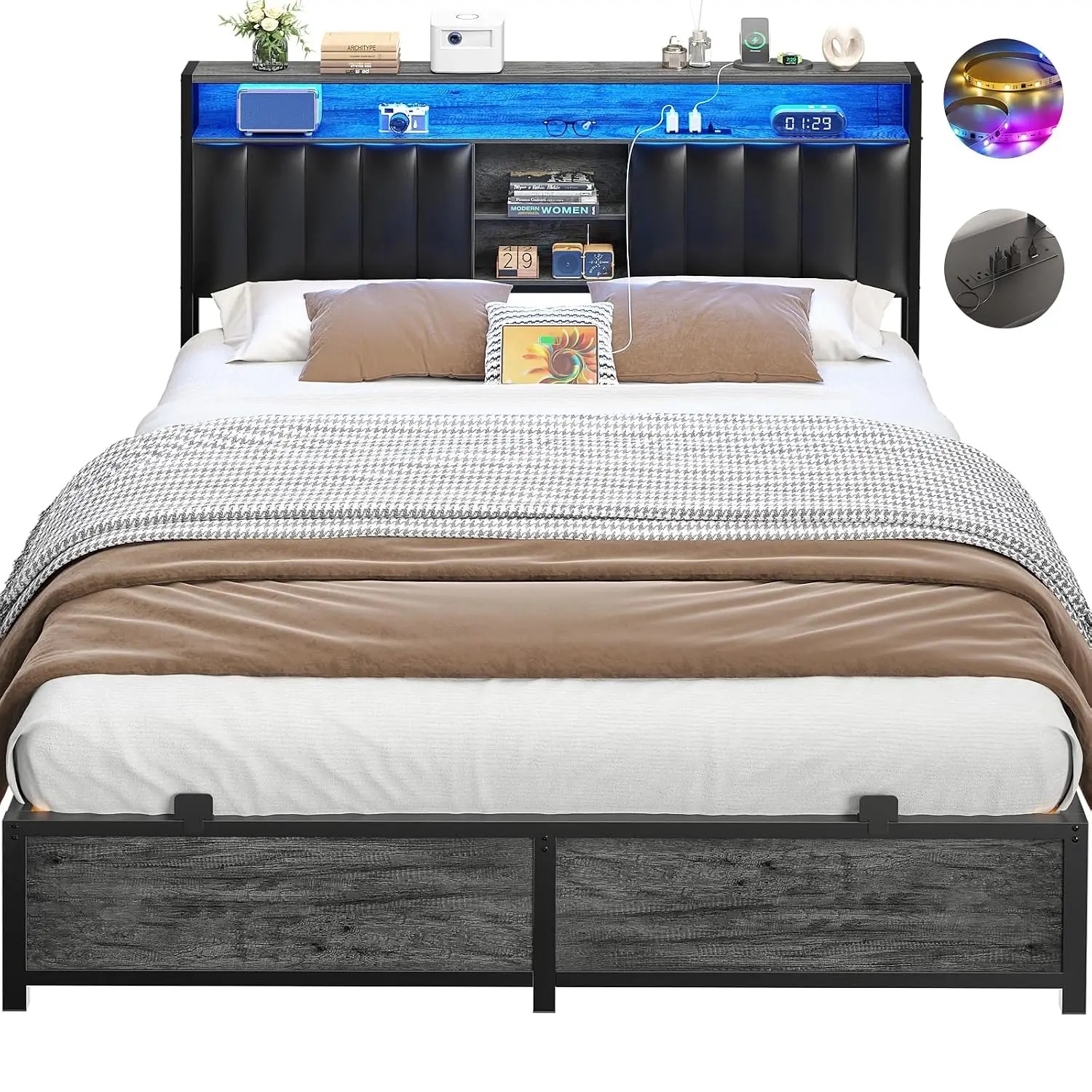 Queen Bed Frame with Charging Station & LED Lights, Leather Headboard Storage, Metal Slats No Box Spring, Black Oak, Customized
