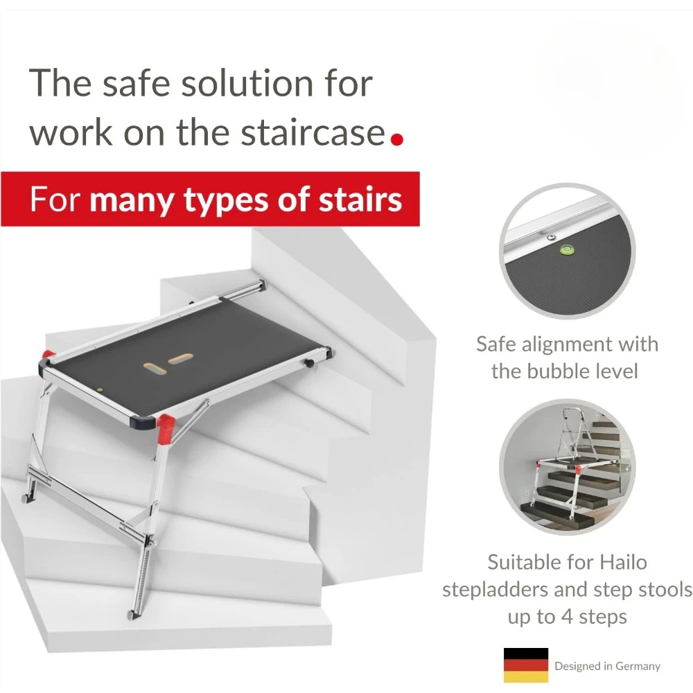 Plataforma de escalera - Rieles y pies telescópicos de longitud y altura ajustables - Nivel de burbuja integrado