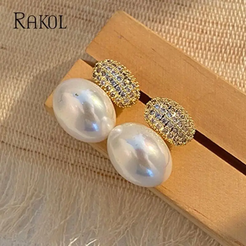 RAKOL Fashion Oval Imitation Pearl Stud Earrings for Women Geometric Cubic Zirconia Elegant Bridal Earring Wedding Jewelry