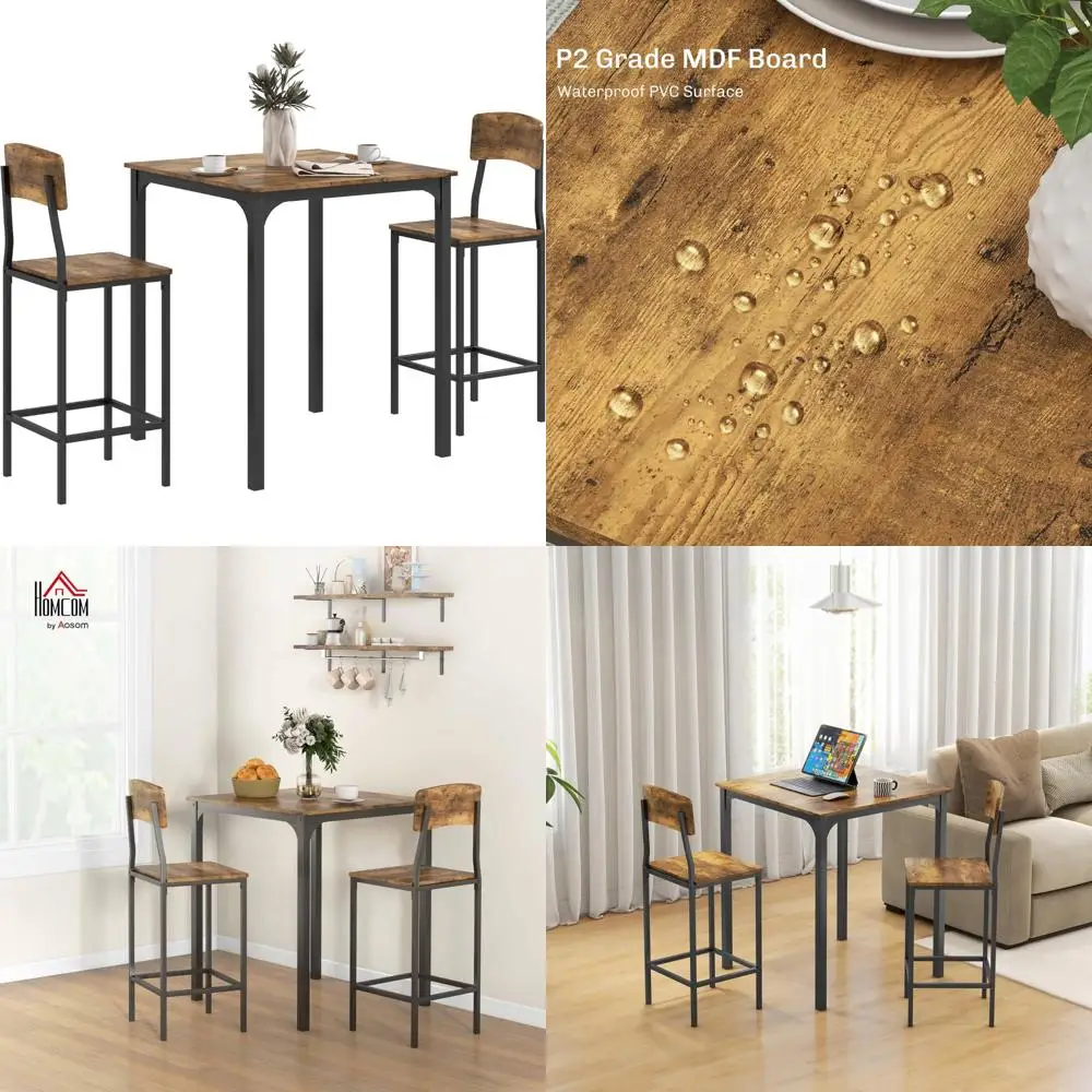 HOMCOM 3-Piece Counter Height Bar Table with Space-Saving Design, Square Kitchen Table and Chairs Set with Footrest, Metal Legs,