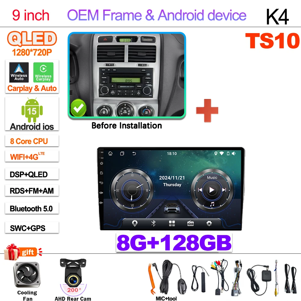 2Din Android 15 Voor Kia Sportage 2 2004-2010 Multimedia Speler Navigatie Carplay Stereo DVD Spiegel Link Stereo Head unit WIFI