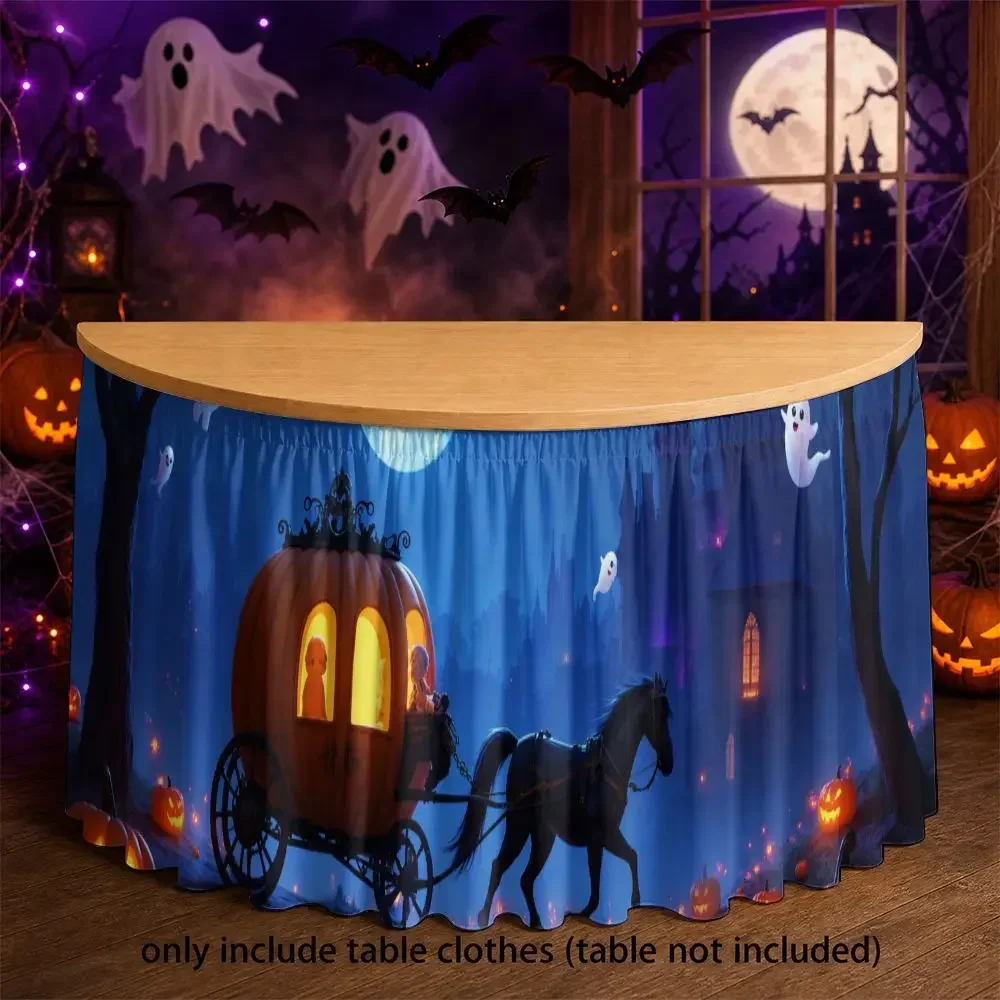 One Halloween party table skirt with 2D flat design featuring a Halloween pumpkin carriage, ghost and moon patterns.
