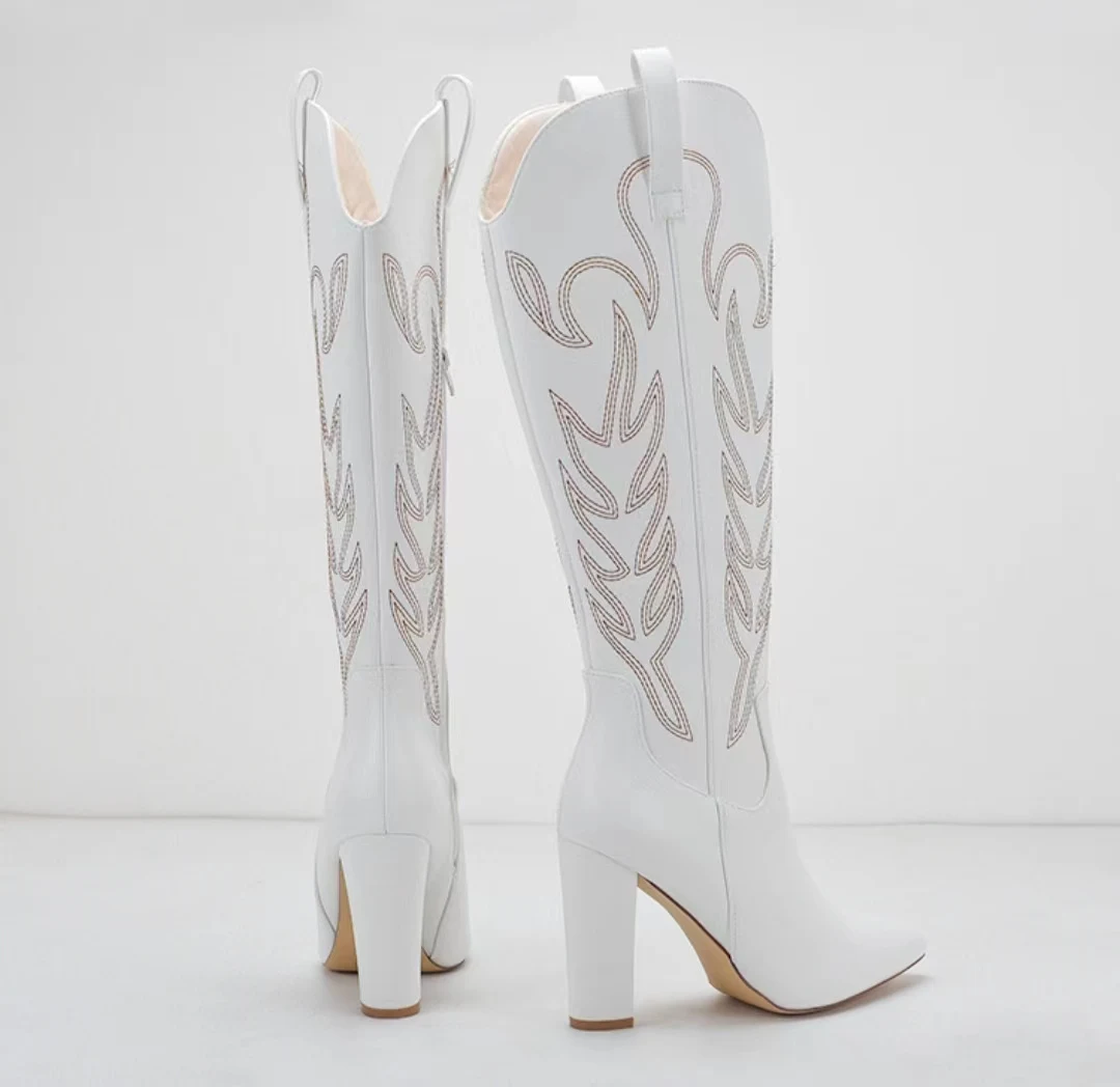 2024 Traf New Pointed Large Embroidered High Heel Cowboy Cowgirl Women\'s Boots High Sleeve White Long Boots Wedding Western boot