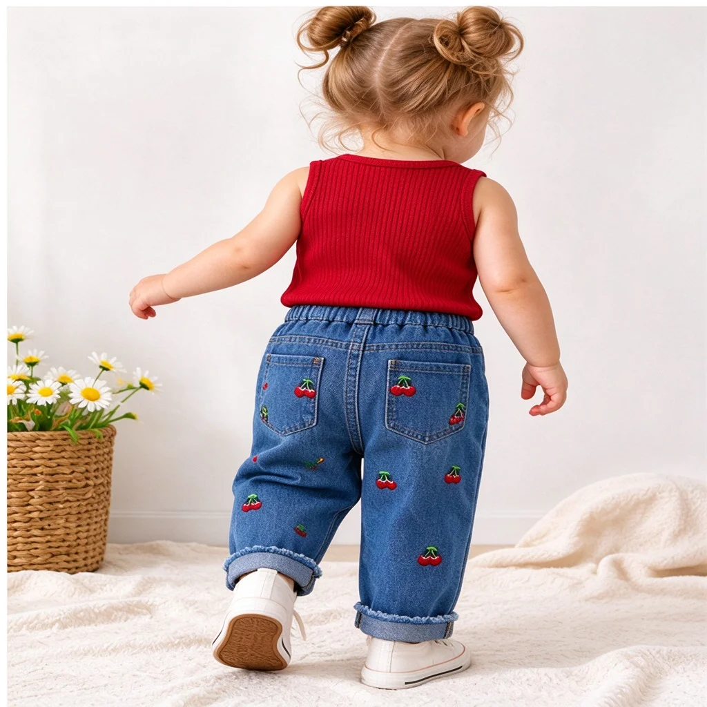 2Pcs Toddler Baby Girl Summer Clothes Set Sleeveless Ribbed Tank Top Cherry Embroidered Jeans Infant Casual Outfit