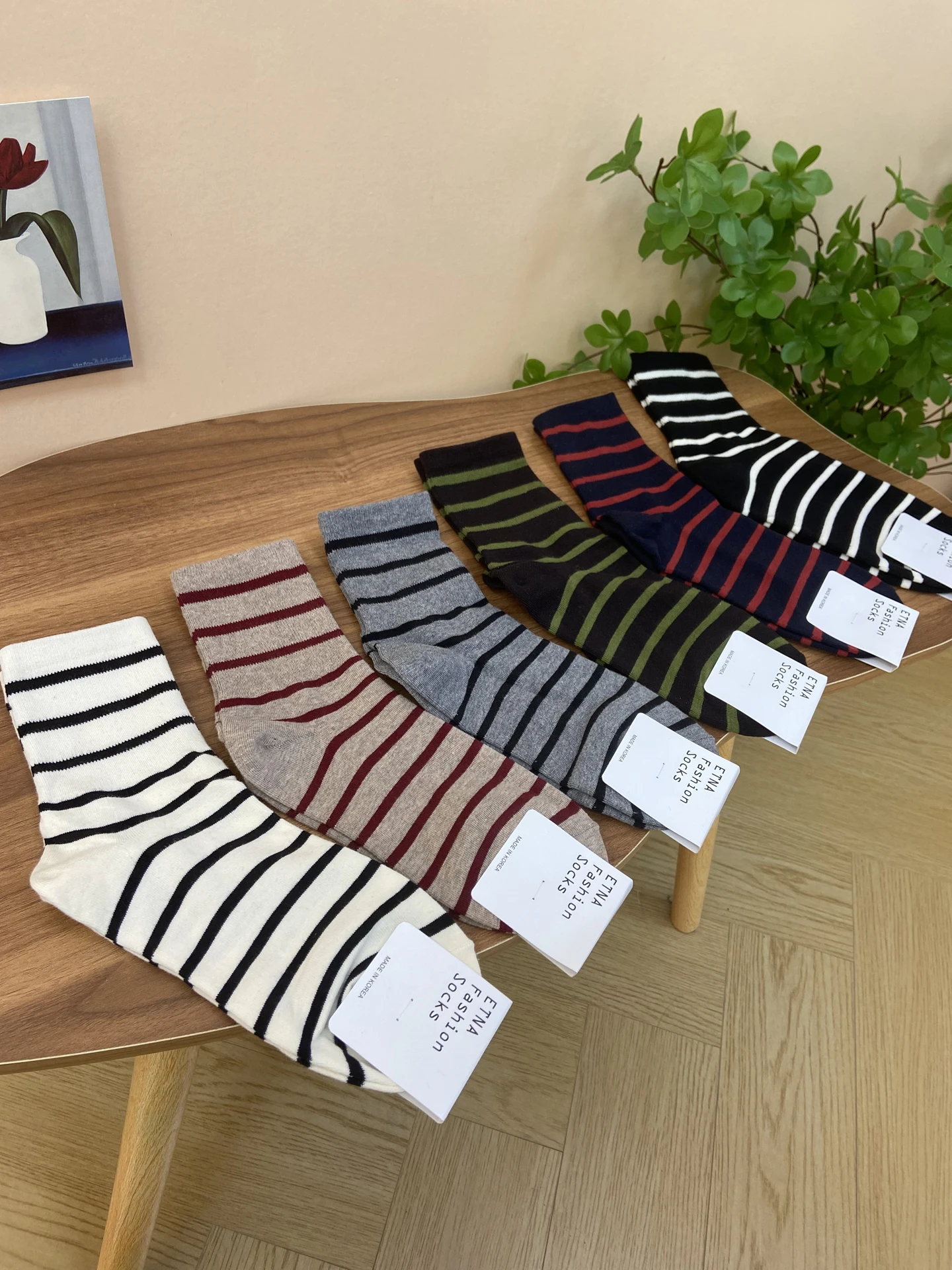 Calcetines de Algodón ETNA Clásicos a Rayas con Bloques de Color, a Media Pantorrilla, para Mujer, Casuales, Versátiles, Modernos, Estilo INS, Gruesos