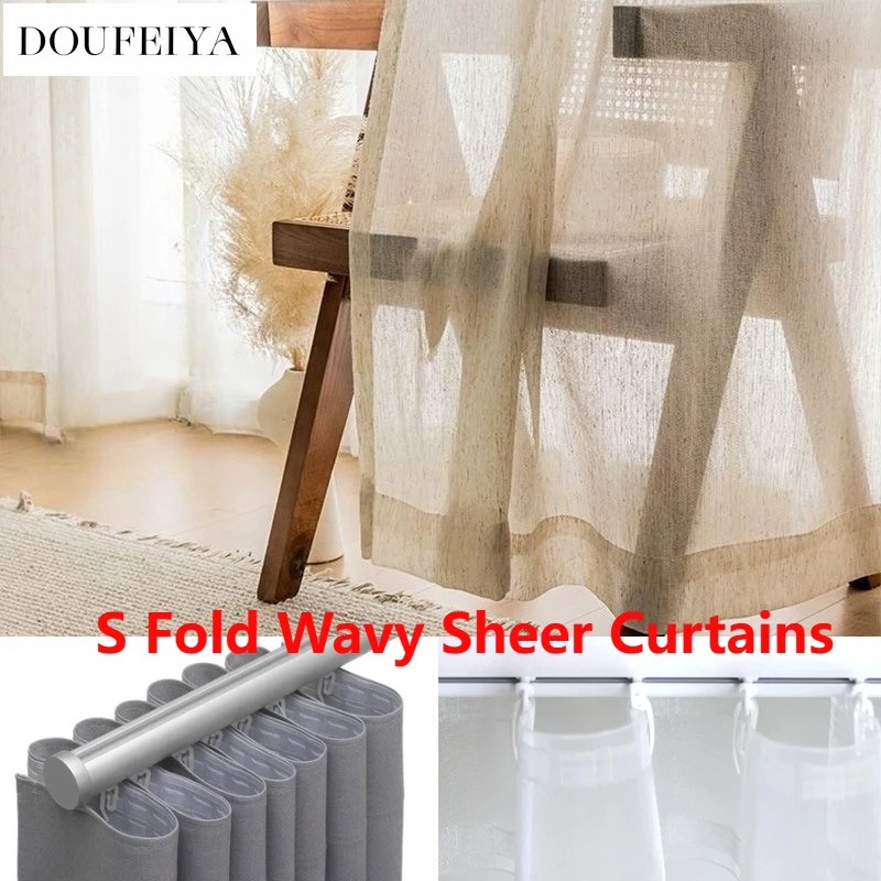 

Customized S Fold Wavy Linen White Tulle Sheer Curtains for Living Dining Room Bedroom Thick Yarn Window Wedding Modern 창문커텐