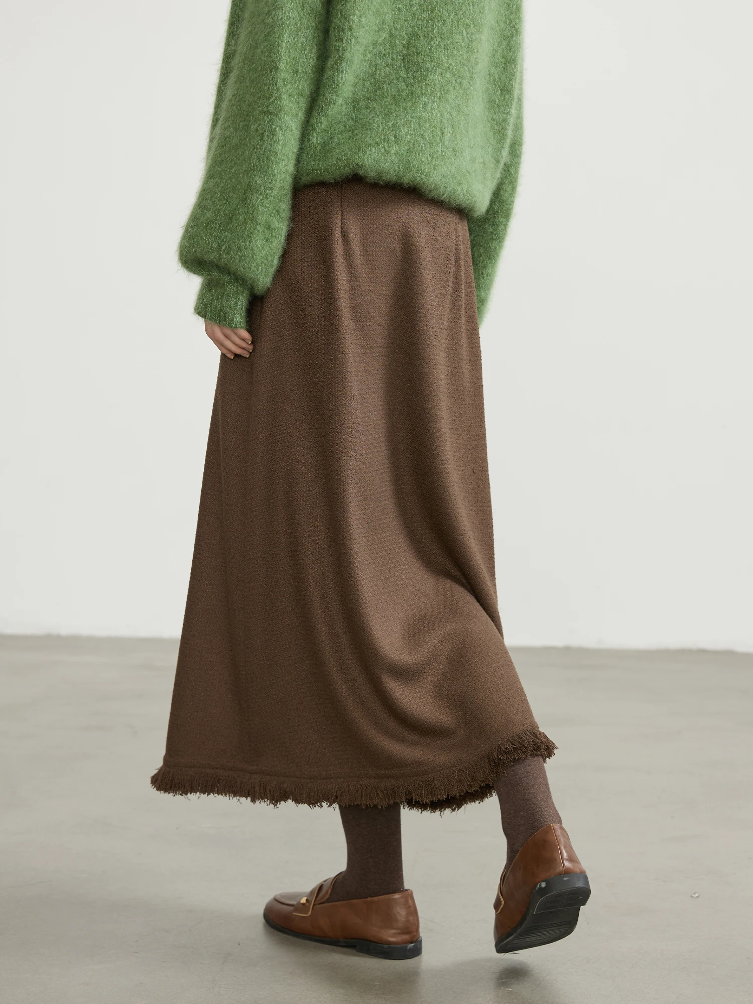 

Reatic Vintage Woolen Skirt High Waist A-Line Long Skirt Tassel Brown Skirt Women's Faion Casual Skirts