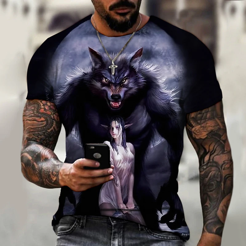 2026 Brand Men's T-shirt 3D Printing Ice And Fire Wolf Horror Series Fierce Werewolf Street Cool And Handsome New