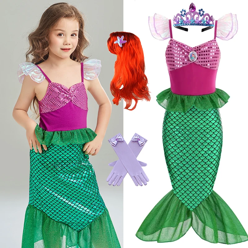 Disney Girls Mermaid Dress Ariel Princess Costumes Cosplay Dress for Kids Girls Summer Casual Halloween Birthday Party Dress Up