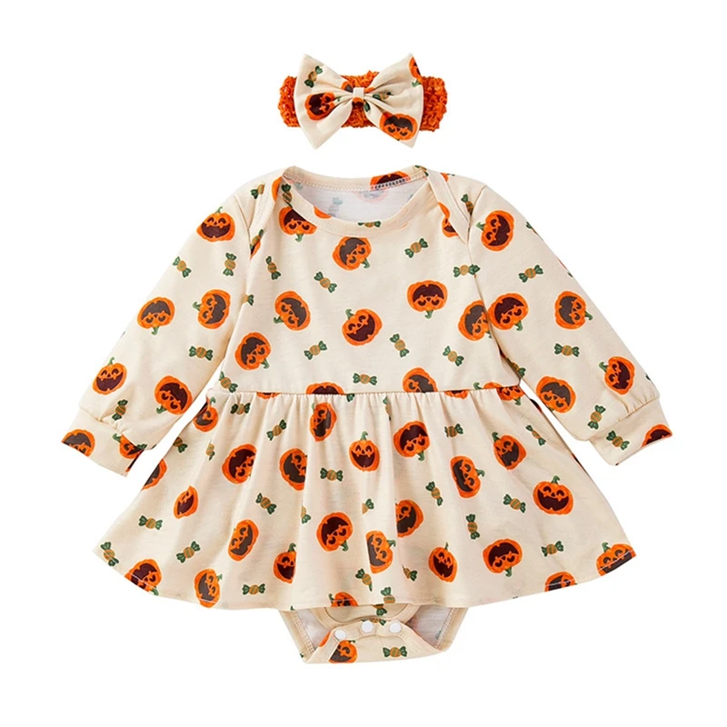 

Newborn Girl Outfit Long Sleeve Crew Neck Pumpkin Print Romper Dress with Headband Halloween Clothes