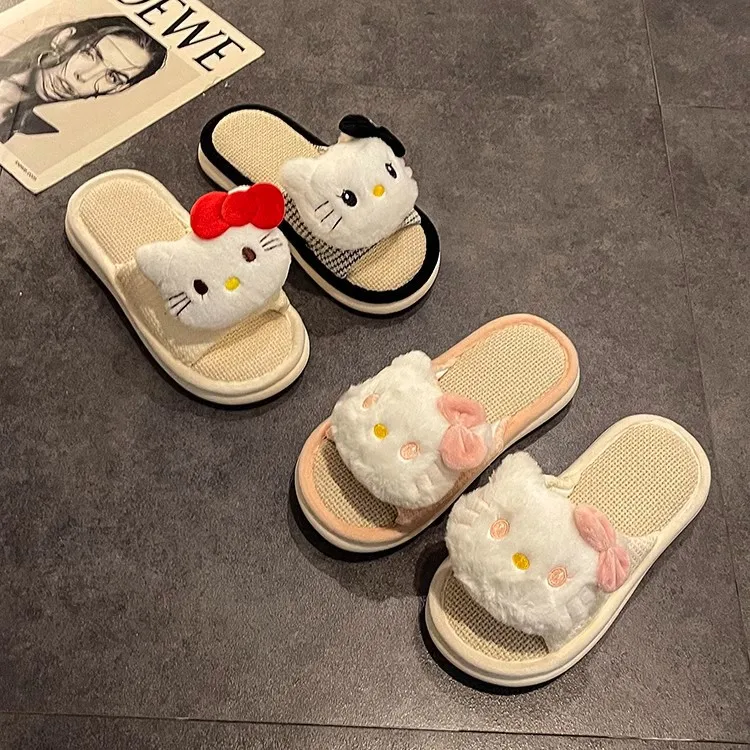 

New Sanrio Kawaii Hello Kitty Cute Cartoon Outside Wear Linen Slippers Female 2024 Summer Home Comfort Casual Slippers Female