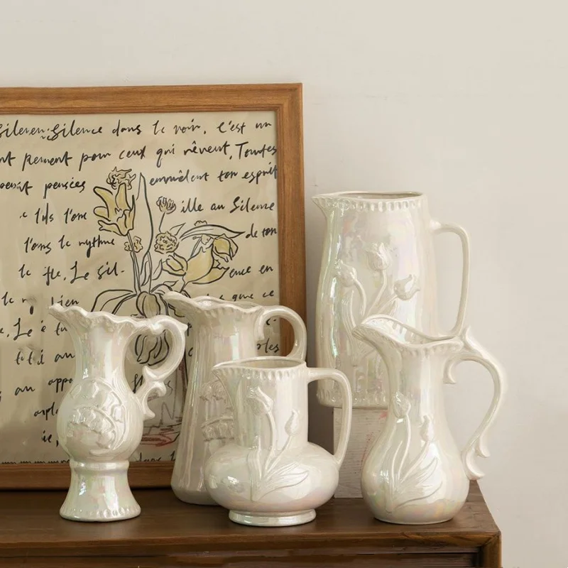 Ceramic Vase with Pearl Luster Vintage Handle Flower Floral Arrangement Accessories Home Decoration