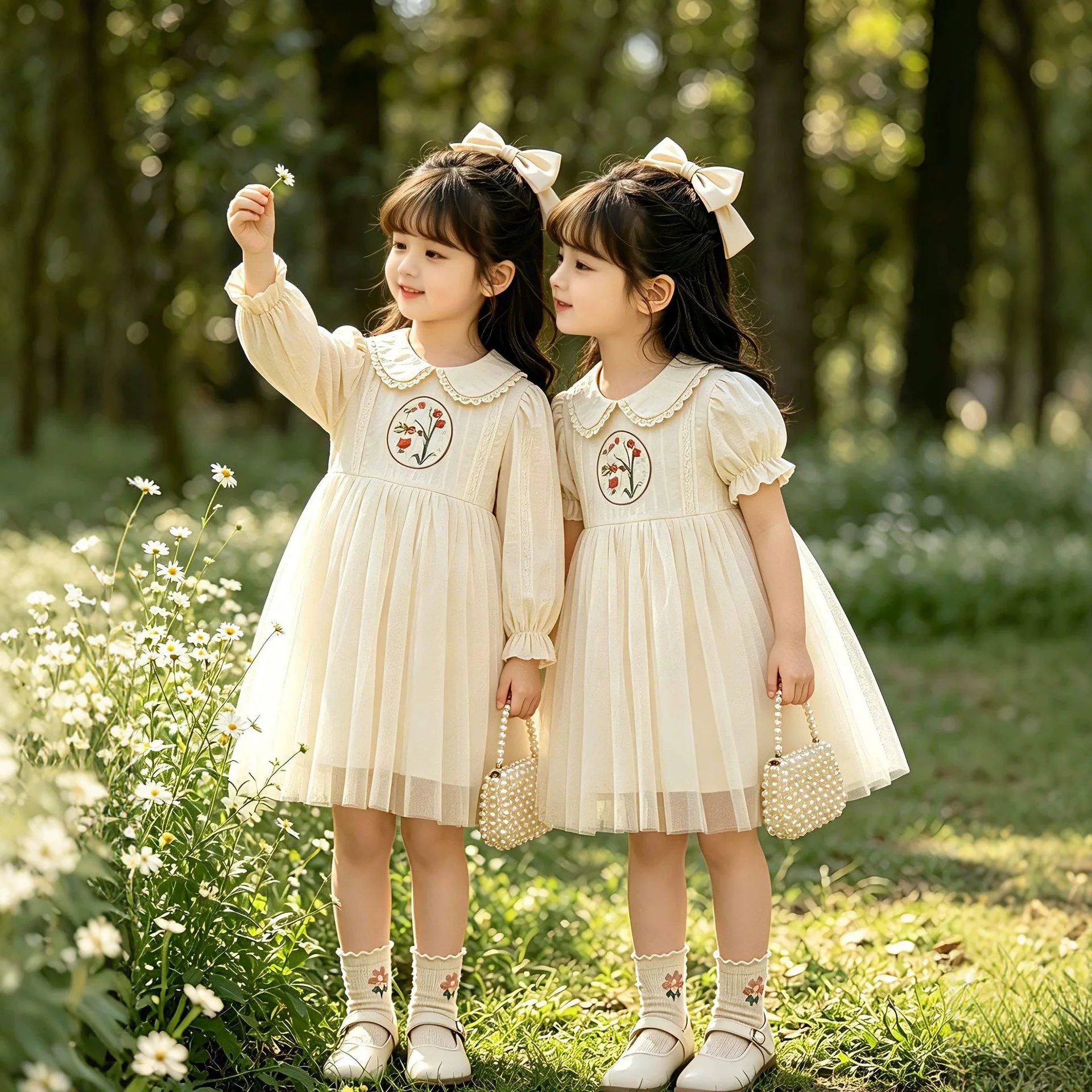 Vestido de Tule Bordado com Gola de Boneca para Meninas, Nova Coleção Primavera Verão 2026, Vestido de Princesa Doce e Elegante para Bebês