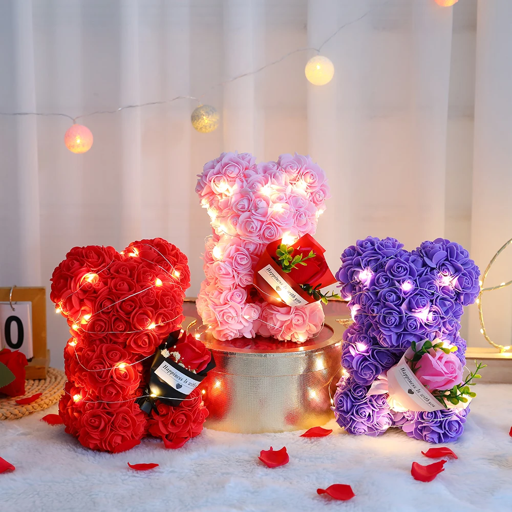 

Valentine's Day Presents Artificial Red Pink Rose Bear Gift Box Wedding Anniversary Decor Girlfriend Birthday Mother's Day Gifts