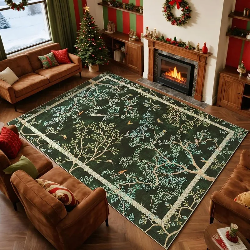Quadratischer Teppich mit natürlichem Waldmotiv, Retro-elegantes Baumvögel-Design, Heimdekoration, rutschfeste, saugfähige Bodenmatte für das Wohnzimmer