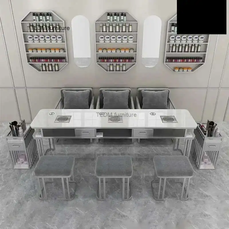 

Light Luxury Silver Nail Tables Professional Salon Furniture for Beauty Salon Manicure Table and Chair Set with Vacuum Cleaner