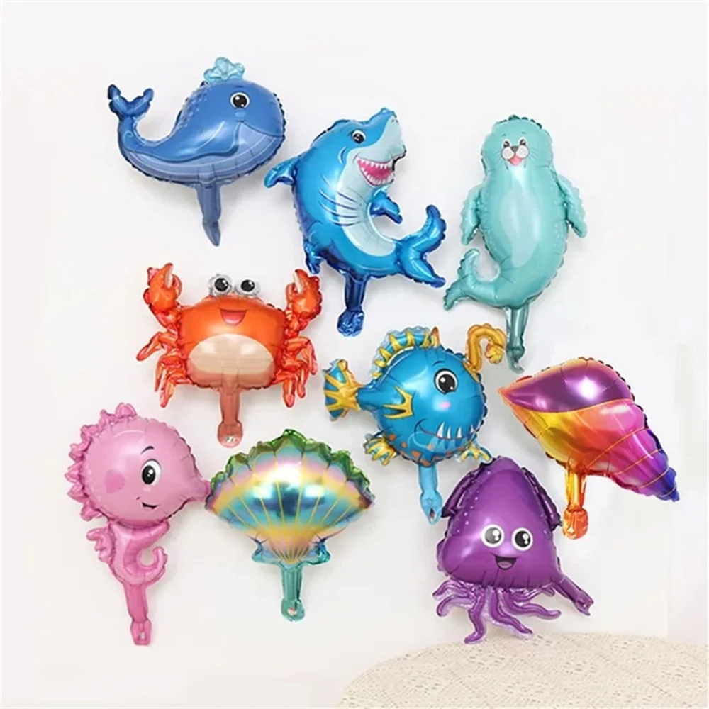 9 Pcs Mini Marine Life Foil Balloons Shell Crab Hippocampus Whale Balloon Kid\'s Birthday Children\'s Day Decorations Toys