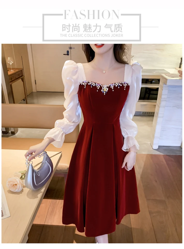 autumn patchwork dress a line Women's Velvet A-Line Patchwork Midi Dress Autumn