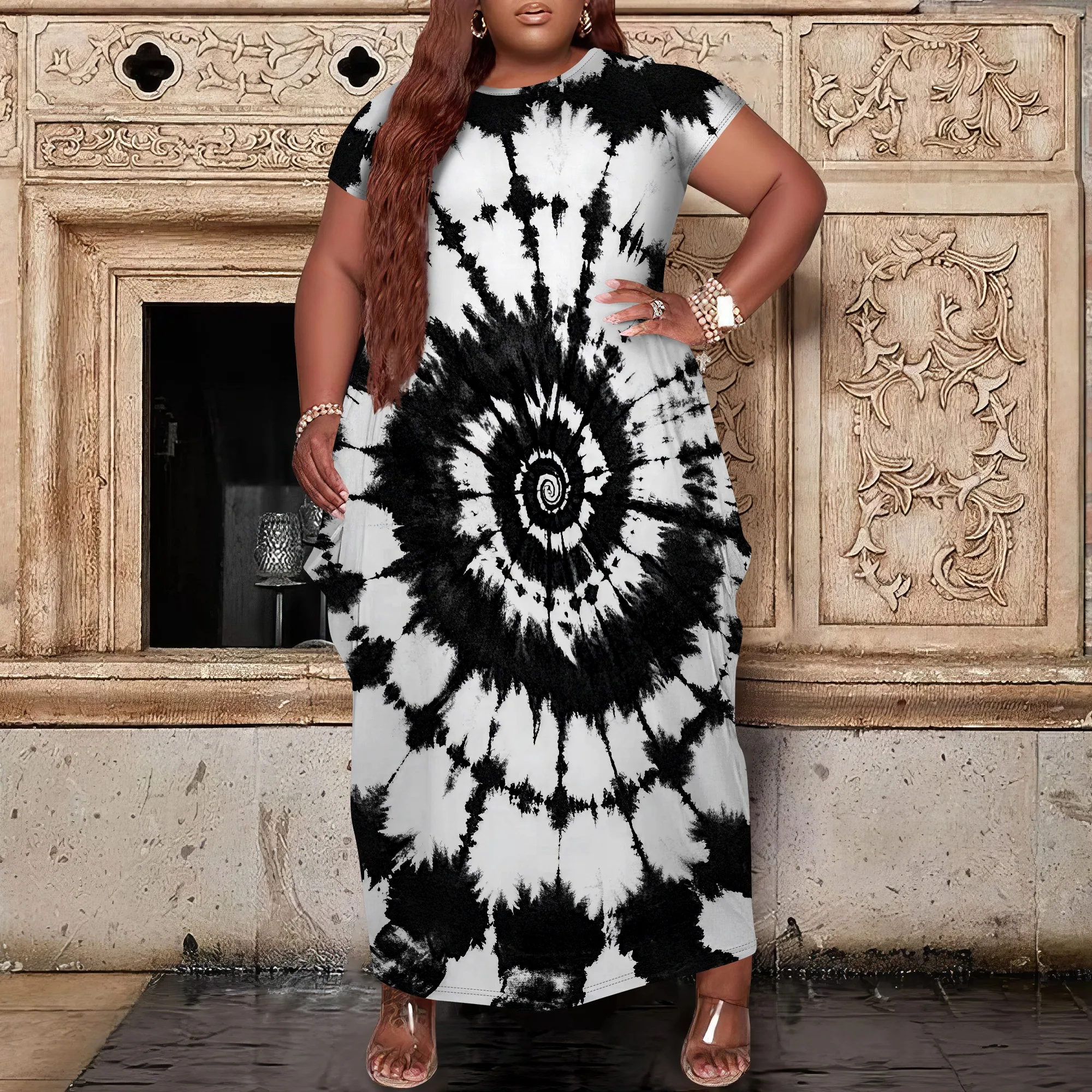 

Nupusa Black White Spiral Tie Dye Print Dress for Women Plus Size Summer Casual Round Neck Short Sleeve Maxi Dress