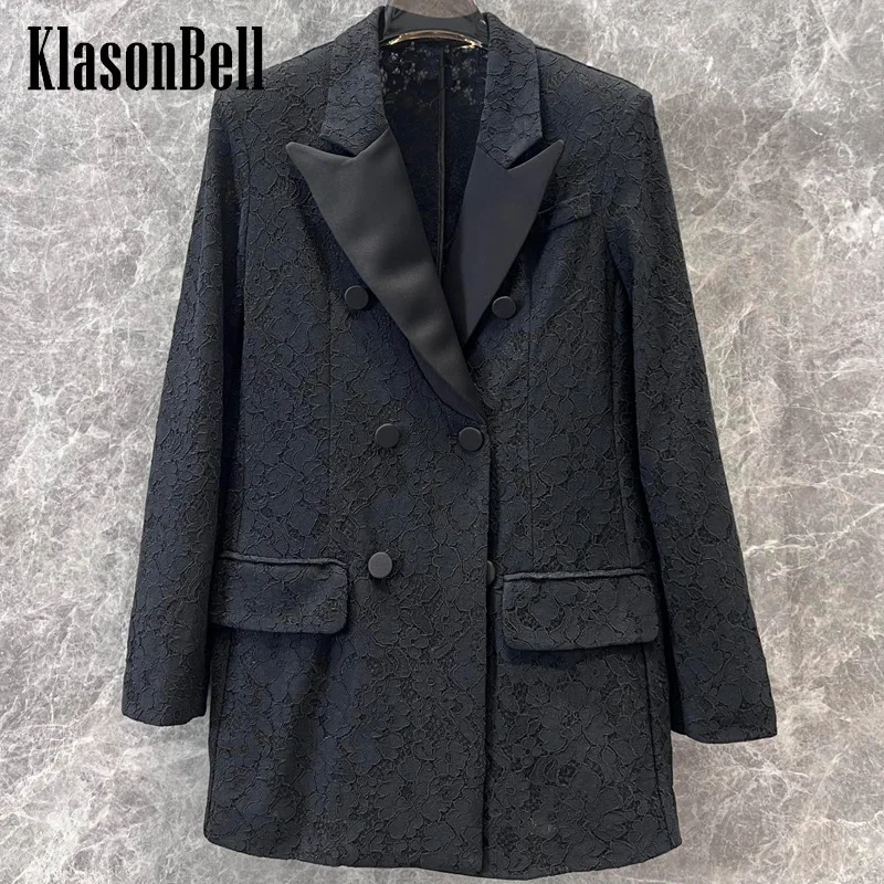 

8.14 KlasonBell Women Celebrity Same Notched Collar Spliced Lace Print Midi Blazer Banquet All-match Double Breasted Jacket