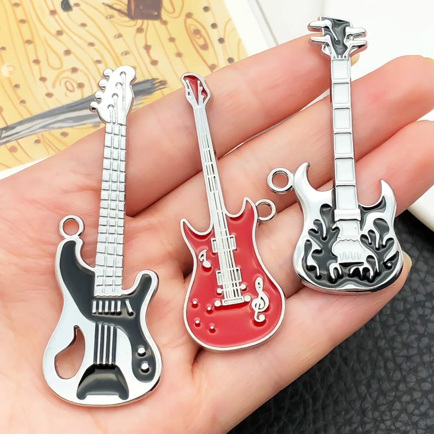 Must-Have for Musicians! 3/6pcs Guitar-Shaped Pendants in White Gold Tone - Versatile DIY Jewelry Kit for Music Lovers