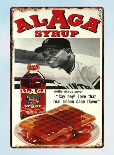 1960s Willie Mays (HOF) Alaga Syrup Advertising Poster baseball player tin sign