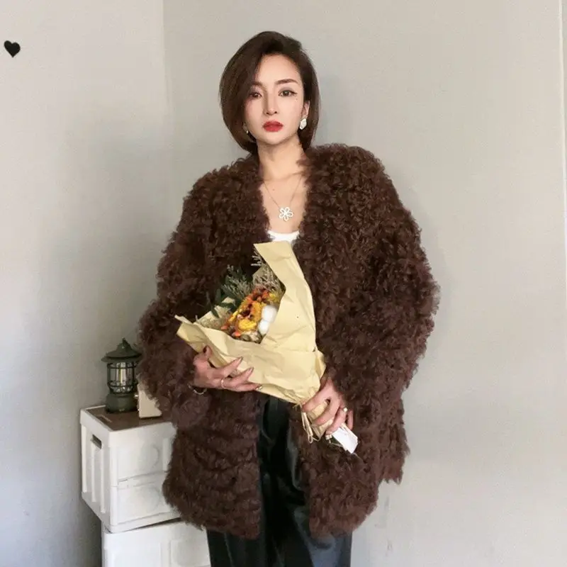 Vintage Brown Fur Coat Women Midi-Length Sheepskin Coat Puffy Jacket Y2K Streetwear Winter Warm Faux Fur Coats High Quality Tops
