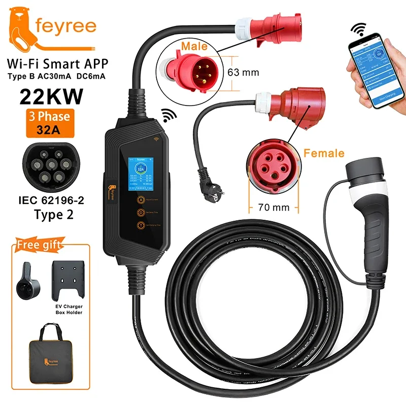 feyree 22KW 32A 3Phase Type2 Portable EV Charger Wi-Fi APP Control EVSE Charging Box Charging Station for Electric Car Charger