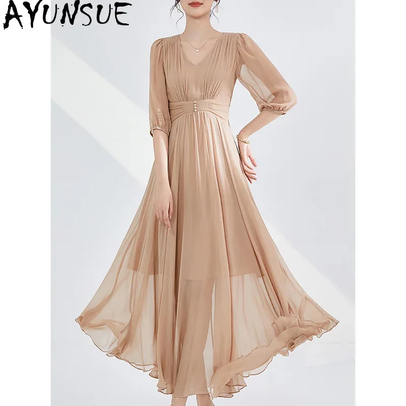 AYUNSUE-vestido de seda de morera auténtica para mujer, Vestidos largos de lujo para fiesta, ropa elegante de verano, 100%