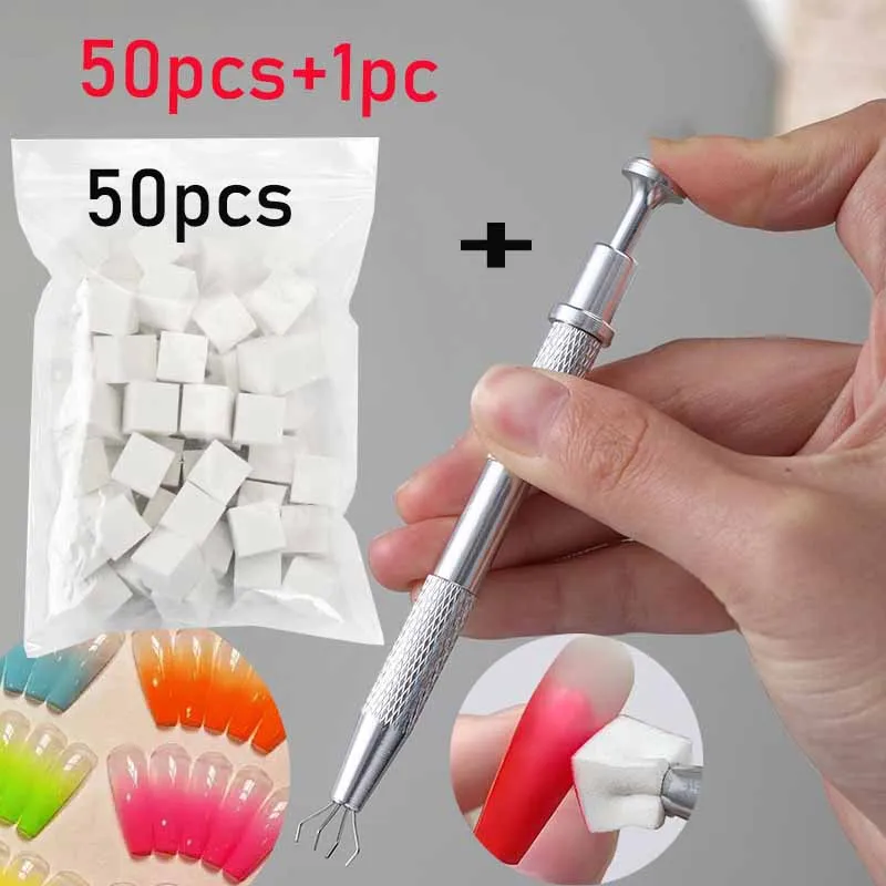 50個入りスクエアネイルアートパットパットスポンジ+1本のグラブペンセットネイルツールフレンチチップグラデーションデザインジェルポリッシュネイルブラシオンブレネイル用品