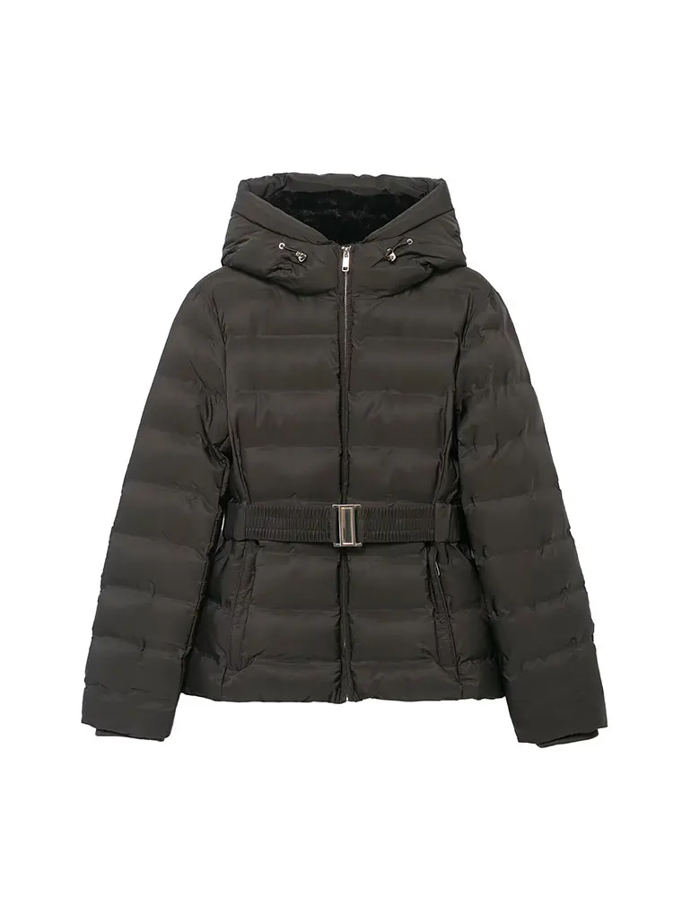 2025 여성 신상 패션 솔리드 긴 소매 지퍼 후드 파카 코트 벨트 포함 여성 캐주얼 코트