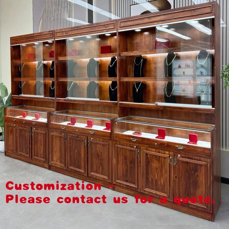 custom.Luxury Jewelry Display Stand Walnut Wall-Mounted Customizable Solid Wood Curio Cabinet LED Lighting Varnished Heav