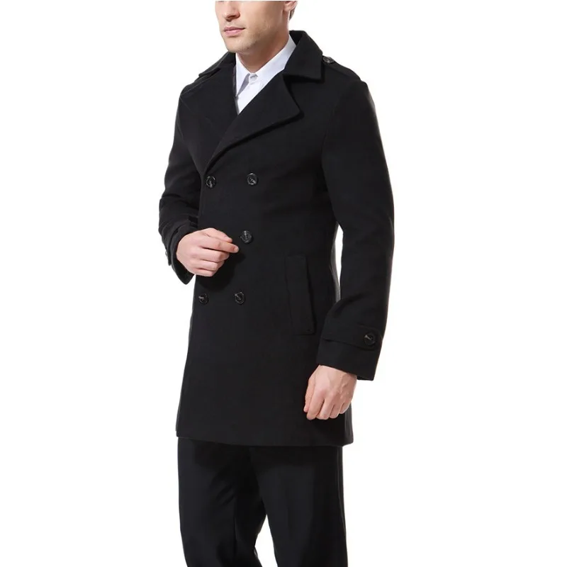 Autumn and Winter New Men's Casual Woolen Coat Double-breasted Epaulet Coat Trench Coat