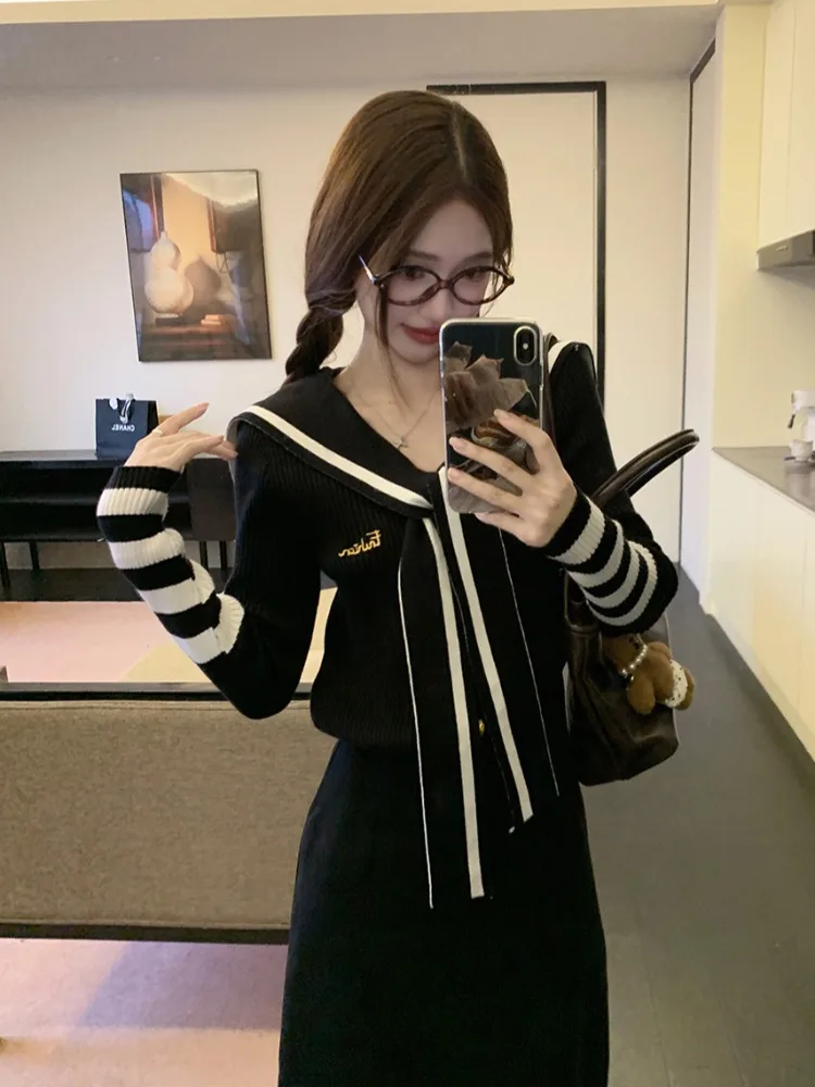 

Autumn New Style Pure Desire Navy Collar Knot Long Sleeve Knitted Sweater Women's Black Long Skirt Two-Piece Set