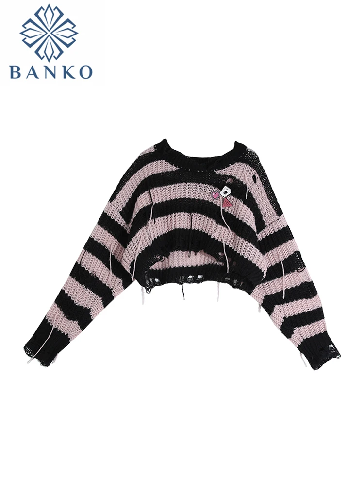 Pink Striped Gothic Sweaters Women Ripped Holes Loose Knitted Pullover Frayed Fairy Grunge Jumpers Streetwear Crop Tops Ladies