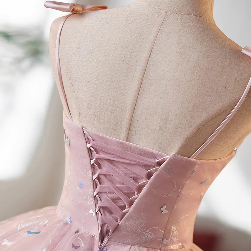 AnXin SH księżniczka różowa koronkowa kokardka spaghetti pasek frezowanie świecący motyl krótka dostosowana suknia wieczorowa mała biała sukienka