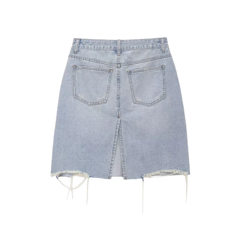 Withered Women's Clothing 2026 Summer New Product Fashionable And Versatile Mid Waist Perforated Decorative Denim Skirt
