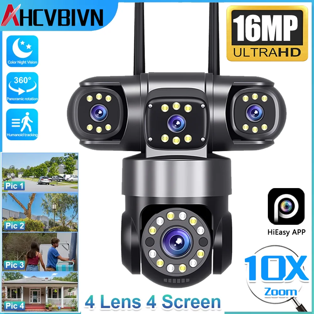 10X 16MP 4 Lens 4 Screen 360° Home Security Outdoor WiFi Camera CCTV Wireless Surveillance PTZ Cam Security Protection