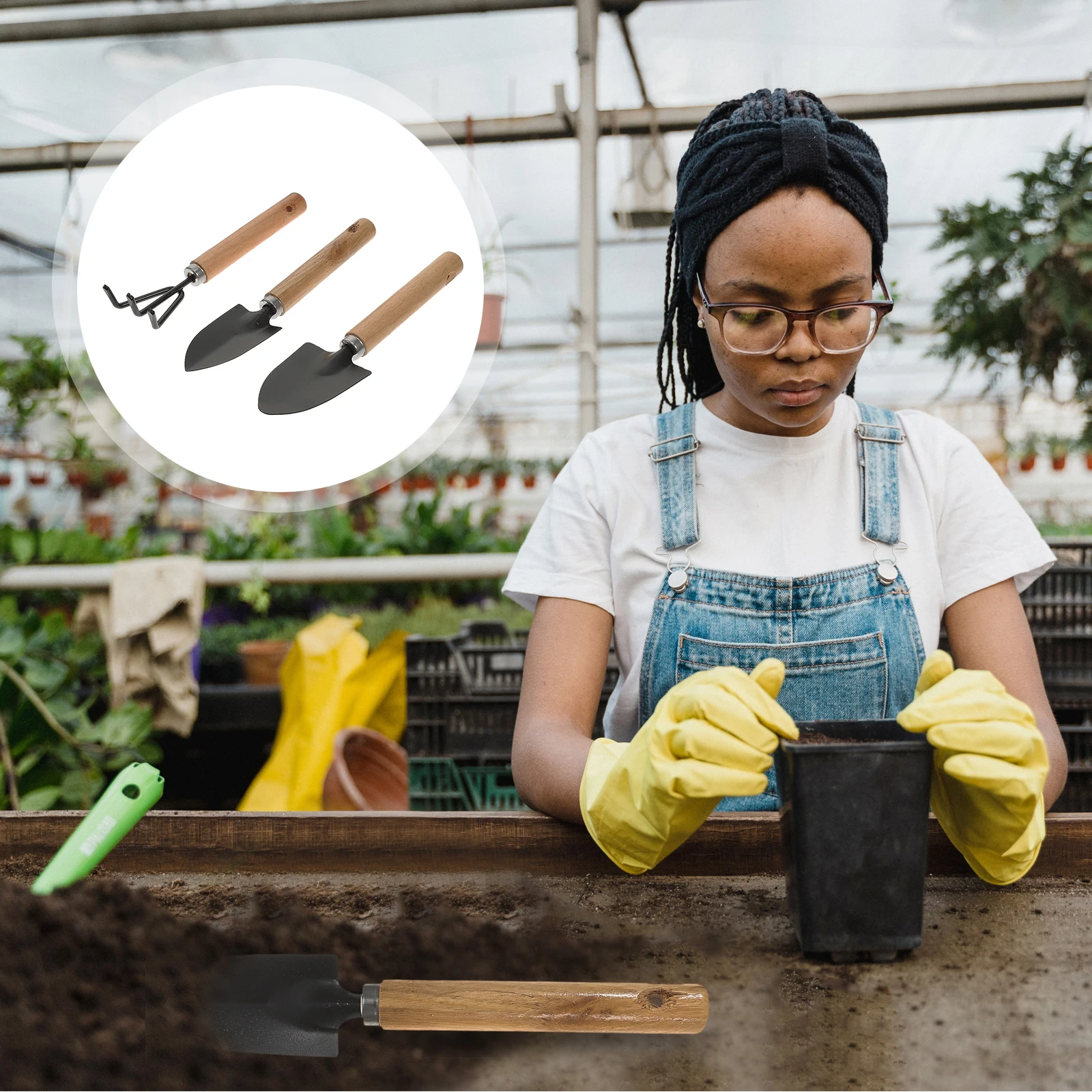 3pcs Gardening Tools Set Rust-Resistant Mini Shovel Trowel Rake 18cm Wood Handle Black Iron Garden Tool Camp Sand Play Beach