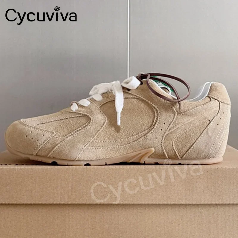 

New Casual Lace Up Flat Sneakers Women and Men Suede Leather Running Loafers Mixed color Shoelace Vacation Platform Walk Shoes