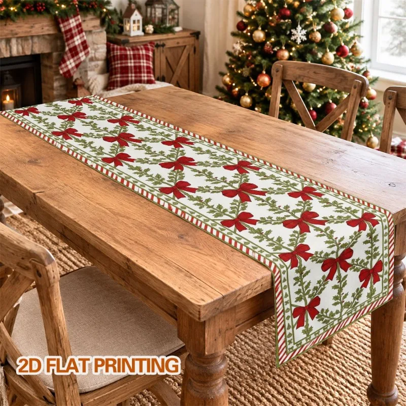 2D Flat 1pcs Retro Christmas Red Bow Floral Print Table Flag, Room Decoration, Suitable for Holiday Parties and Family Dinners.