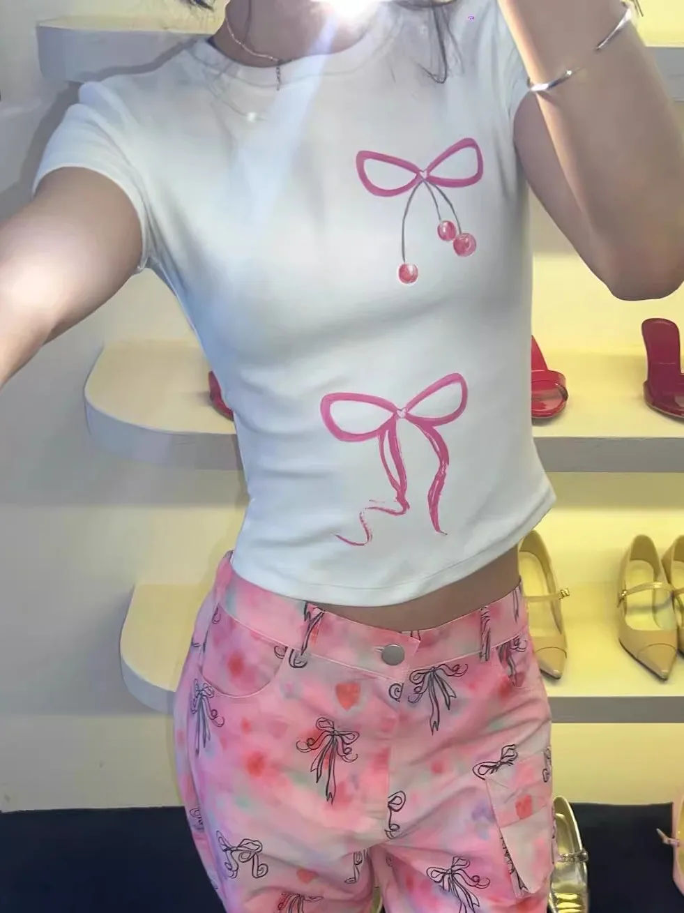 순면 고탄력 오르트 스피 티셔츠 여성 슬림핏 프린트 숄더 체리 캐주얼 슬리브 탑 여름옷