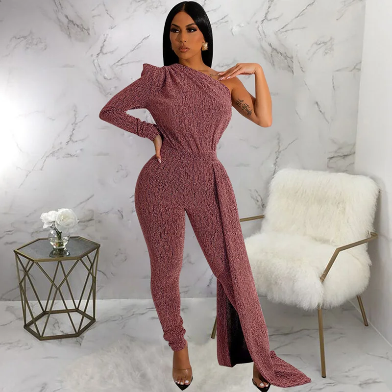 

Sexy Glitter One Shoulder Jumpsuit Women Nightclub Birthday Outfits Ruched Skew Collar Bodycon Overall Party Rompers with Ribbon