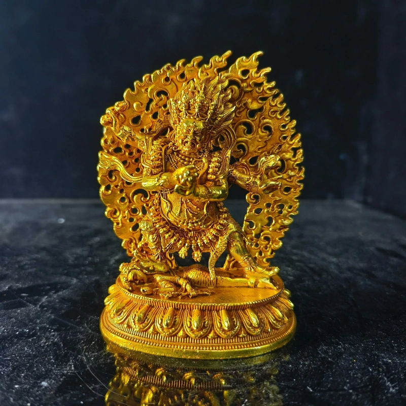 Vintage Copper Carving Nepalese Tibetan Gilt Four-arm Mahakala Vajrapani Buddha Statue Home Worship Ornaments