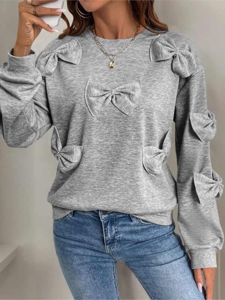 2025 Woman's Sweatshirt Styl Casual Autumn Bow Splicing Round Neck Sweatshirt Temperament Sudaderas De Mujer Commuting Pullover