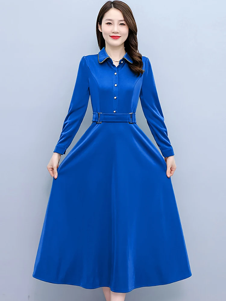 Autumn Winter Long Sleeve Korean Midi Dress 2024 Elegant Polo Collar Office Lady Dress Women Elegant Bodycon Party Night Vestido